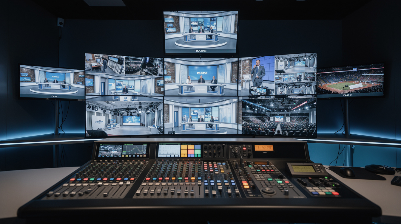 Broadcast control room with monitor wall