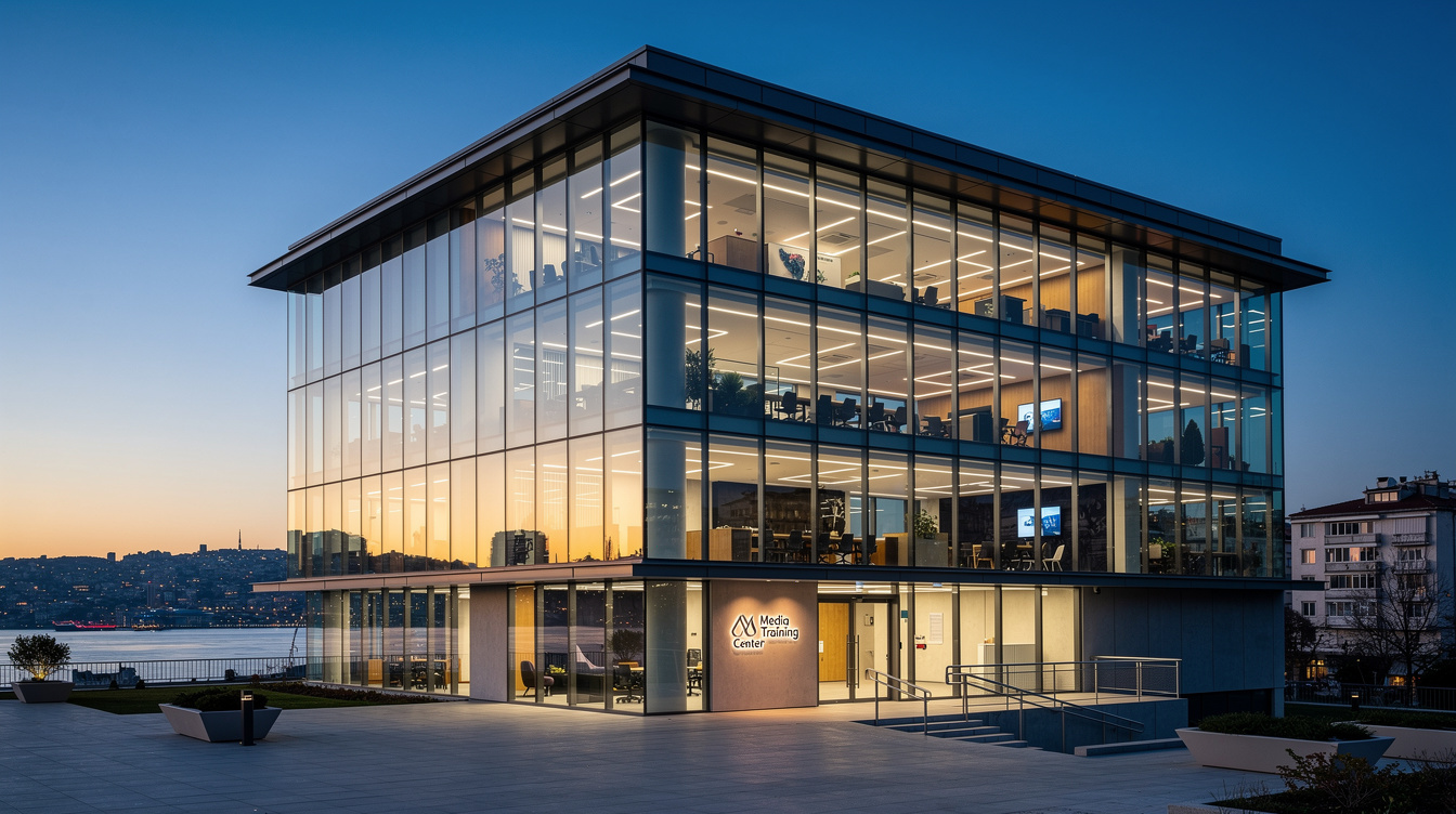 Modern media training center building exterior