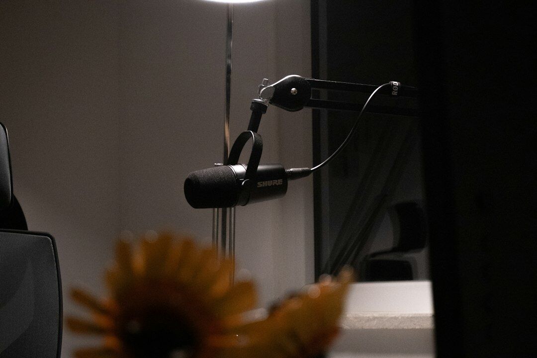 Close-up of a TV presenter desk with microphone