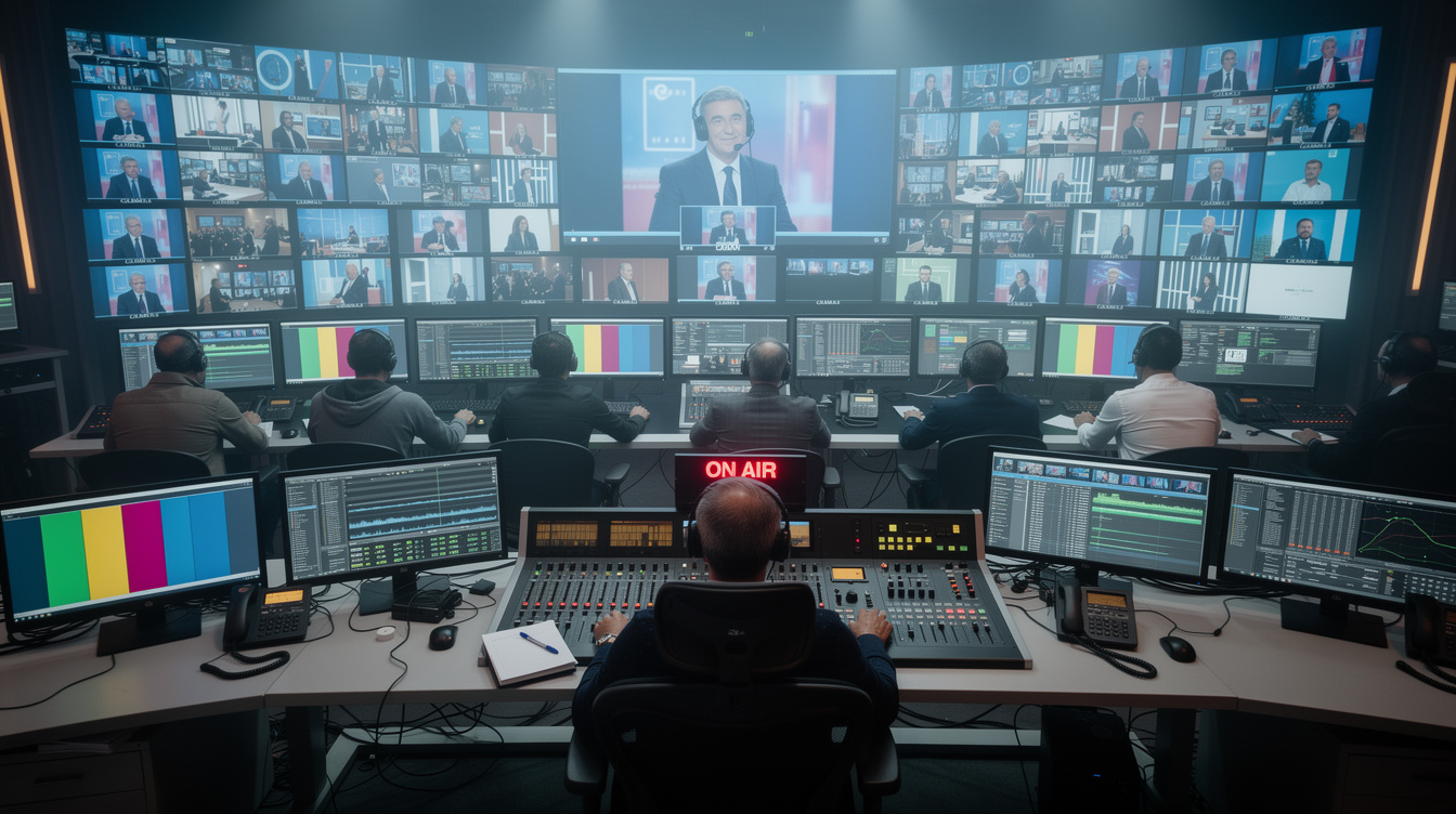 Live TV studio control room during a broadcast